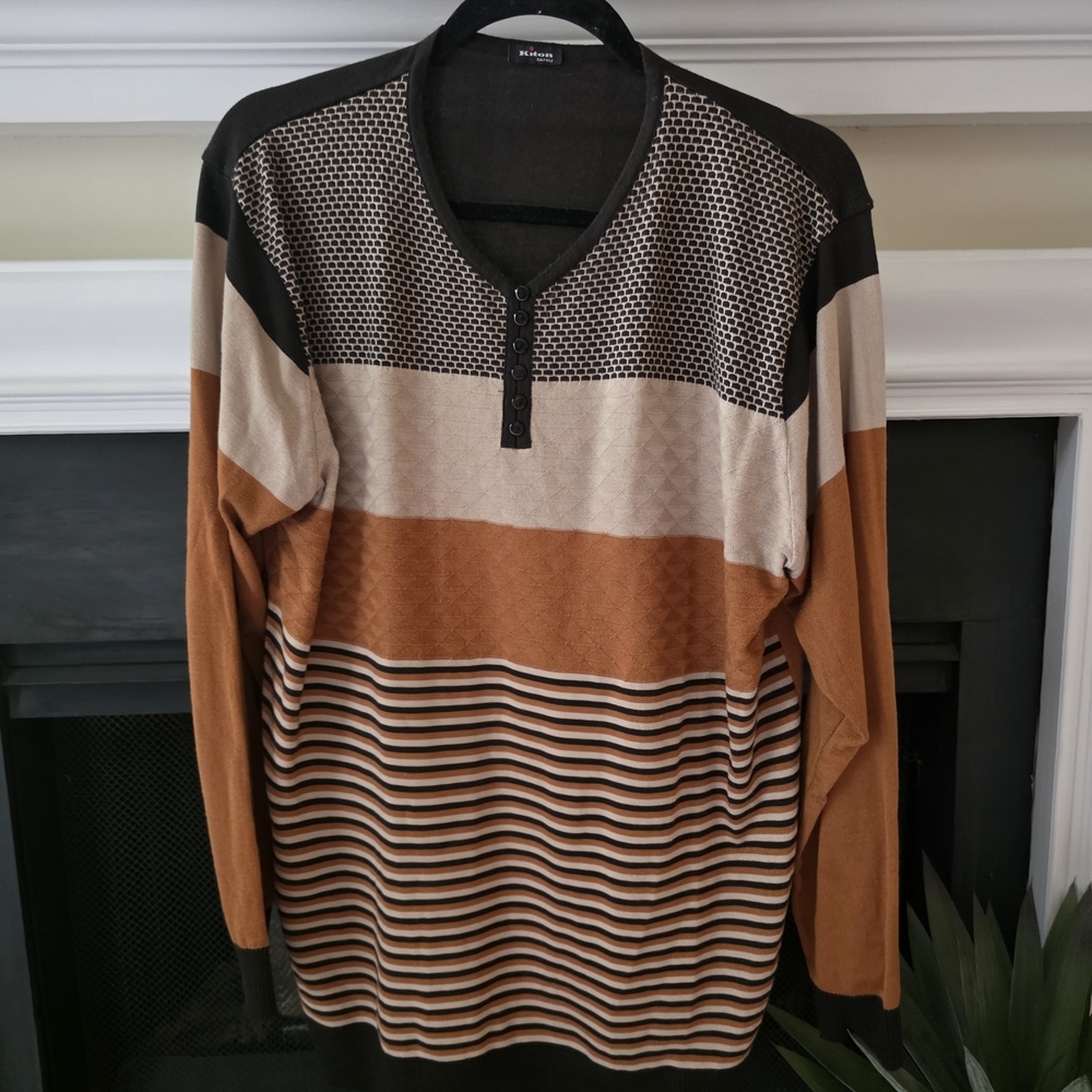 Kiton V-Neck Sweater in Black, Cream, and Brown